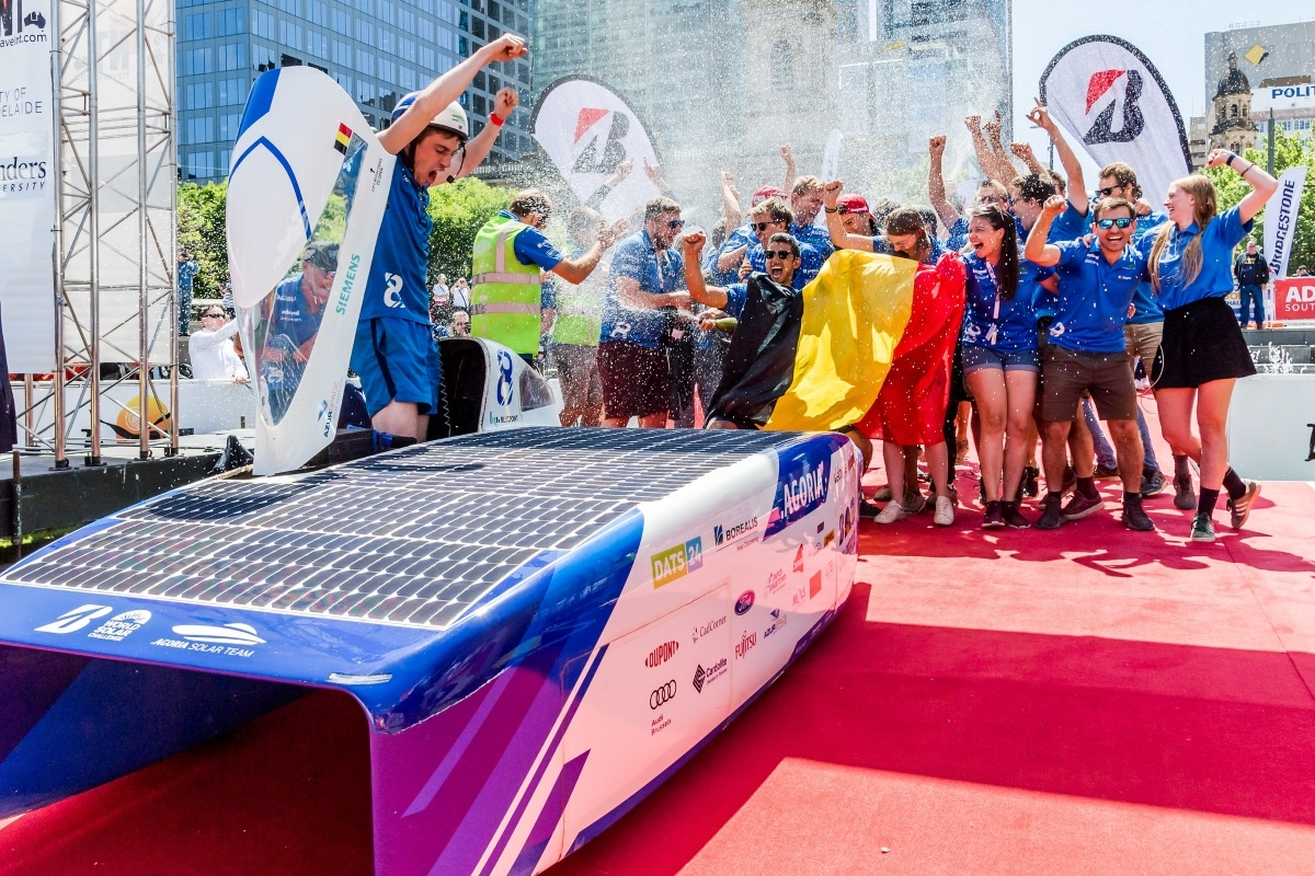 The Agoria Solar Team from the University of Leuven, Belgium, has become the World Champions by claiming its first-ever title in the Challenger Class of the biennial Bridgestone World Solar Challenge.